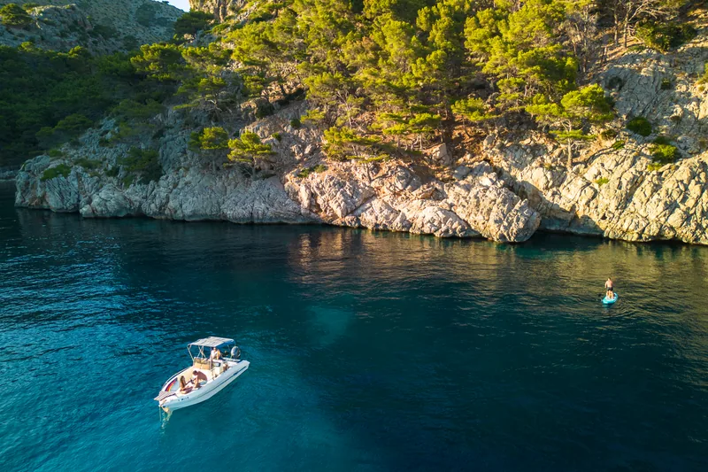 La lancha frente a una cala de pinos y roca